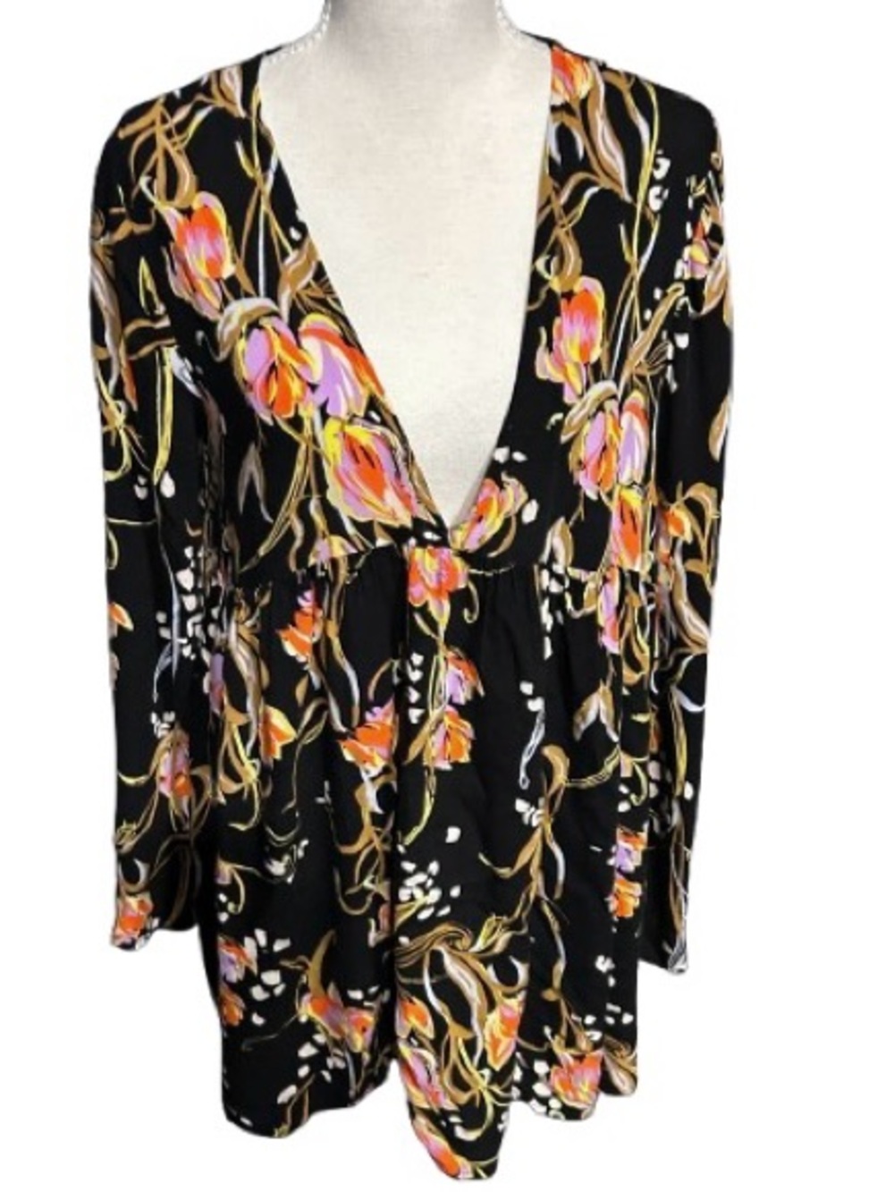 Babydoll Boho Floral Dress Tunic Top FREE PEOPLE Bohemian Mini Designer Shirt